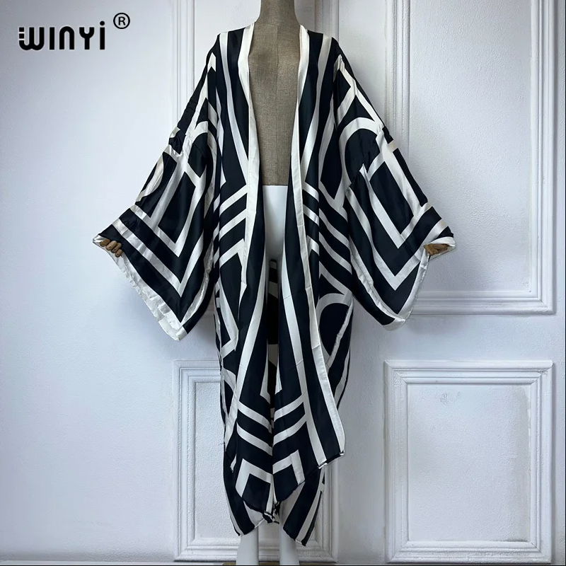 WINYI 2026 Kimono Femme Imprimé à Ourlet Bouffant, Manteau à Manches Longues, Cardigan, Abaya, Vêtement de Plage de Luxe de Dubaï, Robe Bohème, Caftan