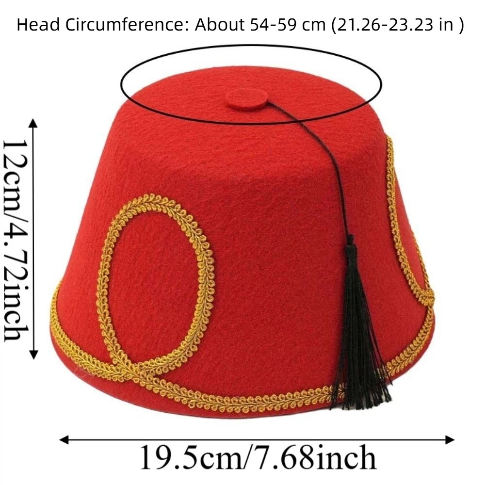 Chapeau Fez Turc Noir à Pompon en Feutre de Laine avec Bordure Dorée, Casquette Marocaine Taille Unique, Structure Rigide, Chapeaux de Fête en Feutre