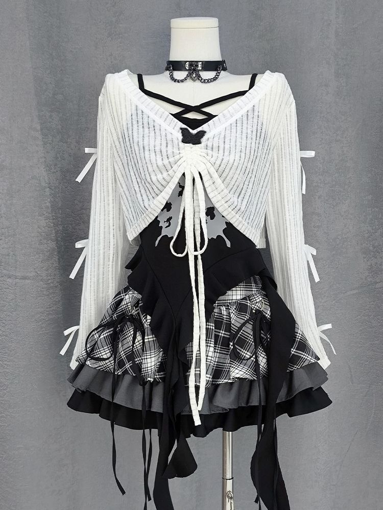 Ensemble jupe 3 pièces style Y2K japonais Kawaii pour femme, tenue vintage Harajuku des années 2000, ensemble chic Lolita avec dentelle, nœud et manches longues