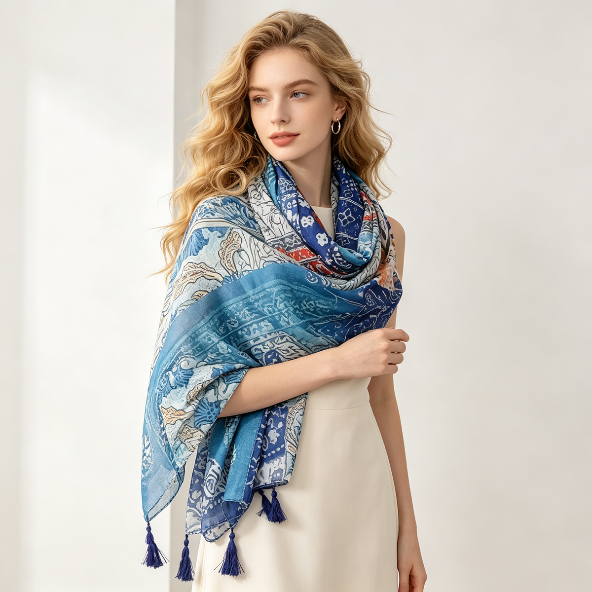 Écharpe vintage ethnique à motifs patchwork pour femmes, avec pompons, imprimé floral géométrique bleu, châle léger et tendance, 88x180cm