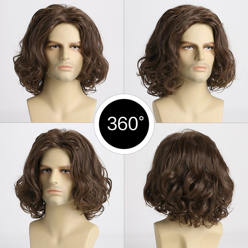 Perruque Courte Marron Moelleuse pour Homme, Style Euro-Américain, Unisexe, Cheveux Bouclés Rétro, Soie Haute Température, Bonnet en Maille, Usage Quotidien, Perruque Complète