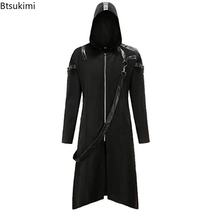 Costume gothique d'halloween pour hommes, automne hiver, fermeture éclair, manches longues, veste à capuche à bretelles, Cosplay médiéval, tenues de fête pour jeux de rôle