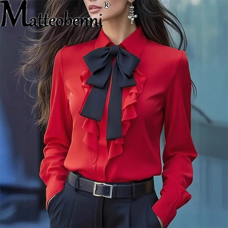 2025 femmes Blouse automne couleur unie à lacets nœud à volants conception chemises décontracté ample à manches longues chemise bureau dames Blusas Mujer