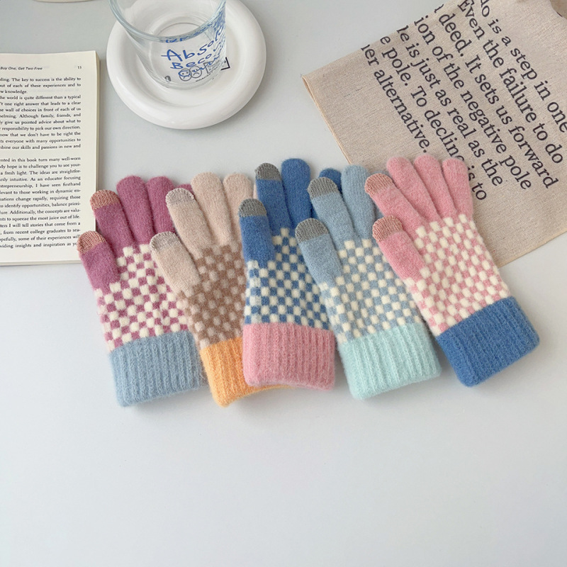 Gants en laine tricotés pour écran tactile pour femmes, garde au chaud, mignon, joli treillis à la mode, épais, haute qualité, Protection contre le froid, hiver