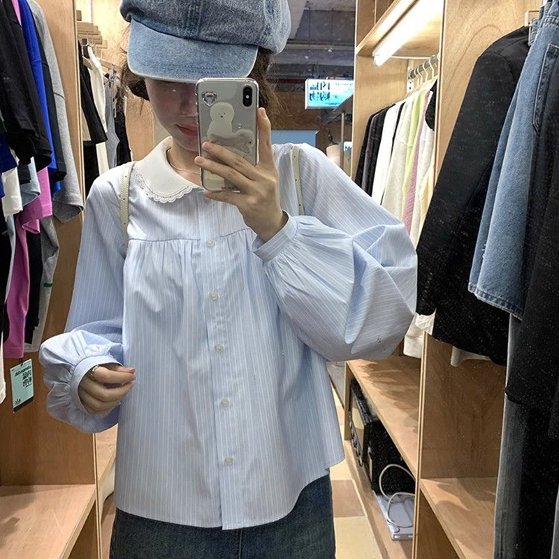 Chemise rayée à manches longues pour femmes, chemisier chic, style preppy coréen, tout match, col rabattu, mode printemps, nouveau