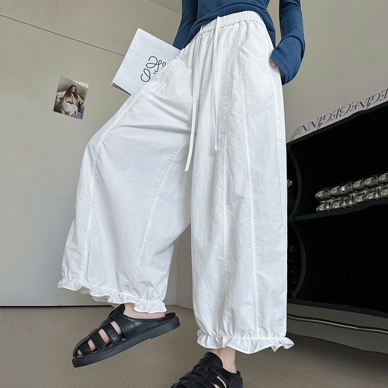 Pantalon coréen tendance à volants pour femme, coupe lanterne, ample, longueur cheville, jambe large, taille élastique unie, décontracté, pour l'été
