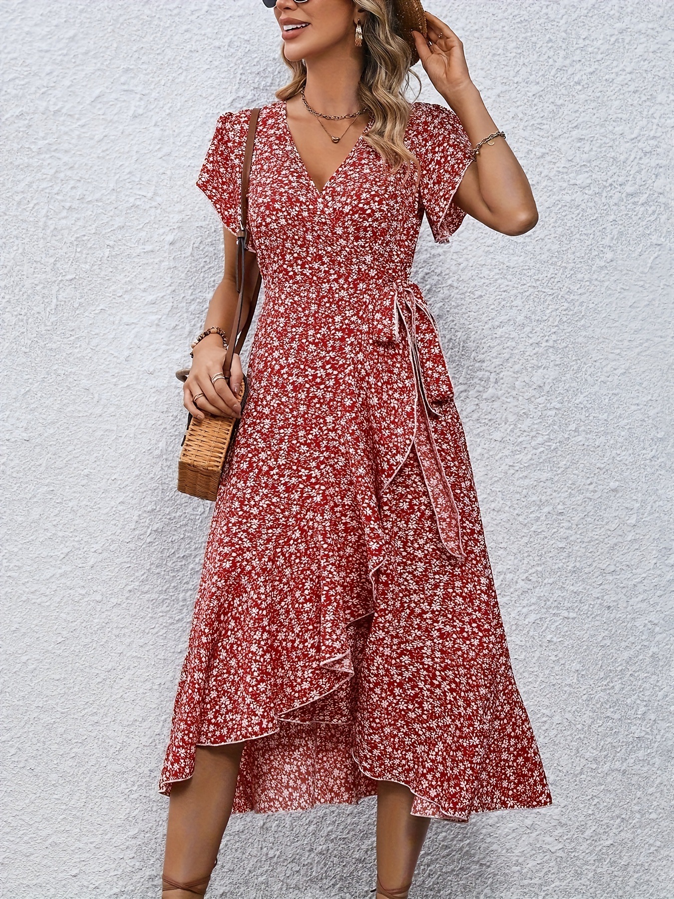 Robes d'été pour femmes, Sexy, col en V, manches courtes, taille haute irrégulière, à lacets, imprimé floral, robes de plage décontractées