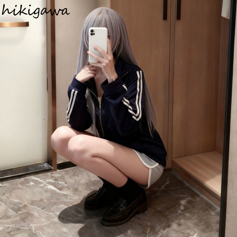 Vestes de style preppy pour femmes, col montant, fermeture éclair, manches longues, coupe ample, style japonais Y2K, hauts décontractés, manteaux tendance, Ropa Mujer