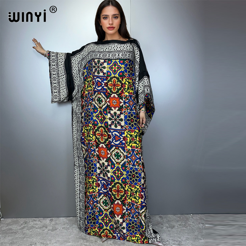 WINYI Robes Musulmanes pour Femmes, Robe de Soirée Élégante, Kaftan Ample pour Femme du Moyen-Orient, Abaya de Luxe Imprimée de Dubaï, Caftan de Plage