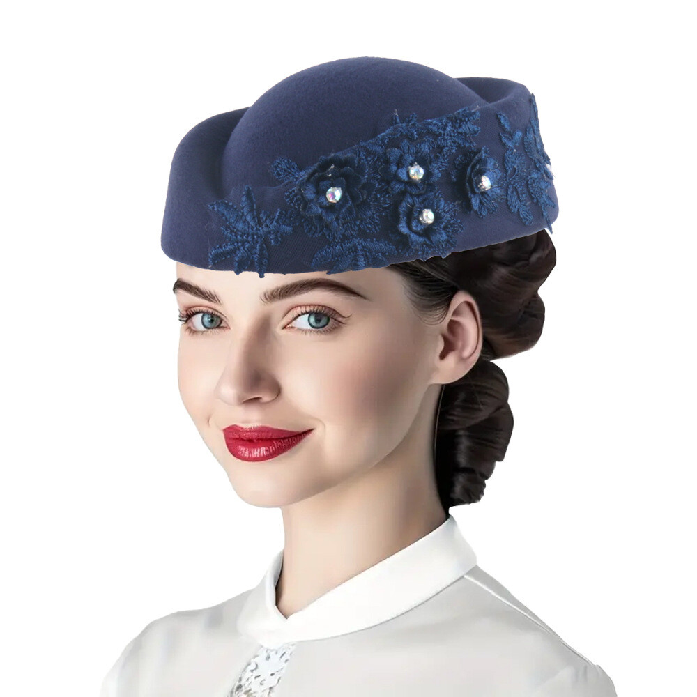 Chapeau Turban en feutre élégant, Vintage, strass, fleur, béret d'église, chapeau pour femmes, hôtesse de l'air, casquette de Cosplay, accessoire de Costume