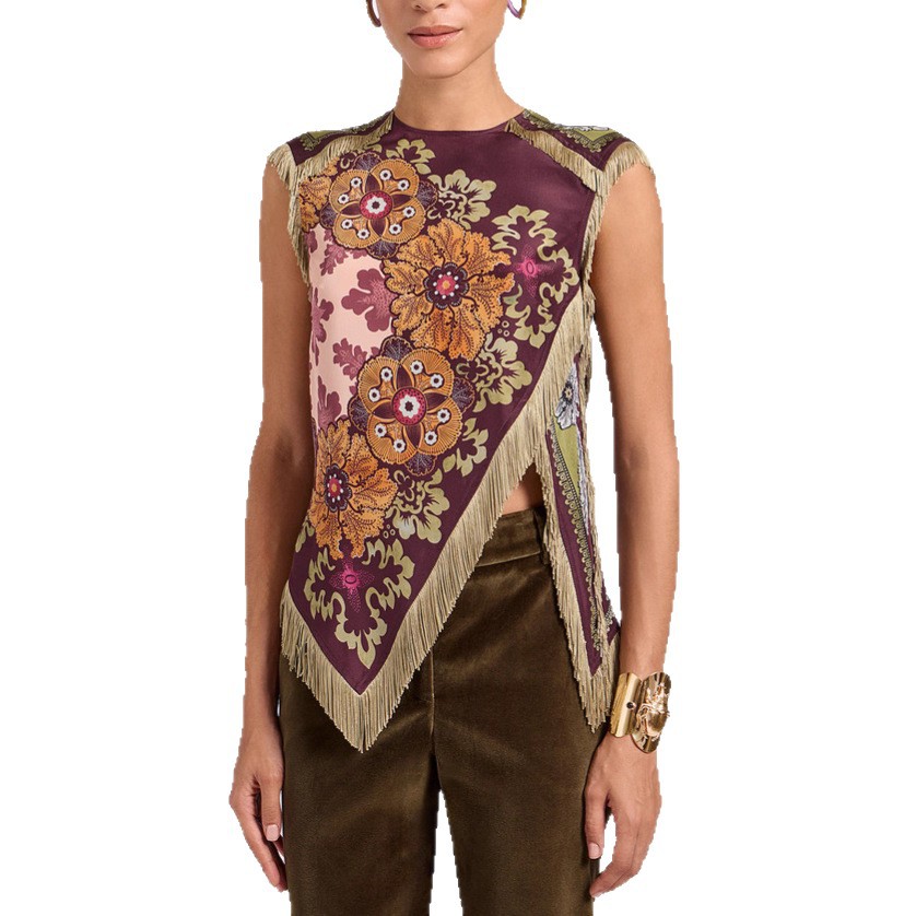 Chemisier Chic Femme 2026 en Satin à Imprimé Floral avec Franges, Col Rond, Sans Manches et Ourlet Asymétrique, Style Vintage