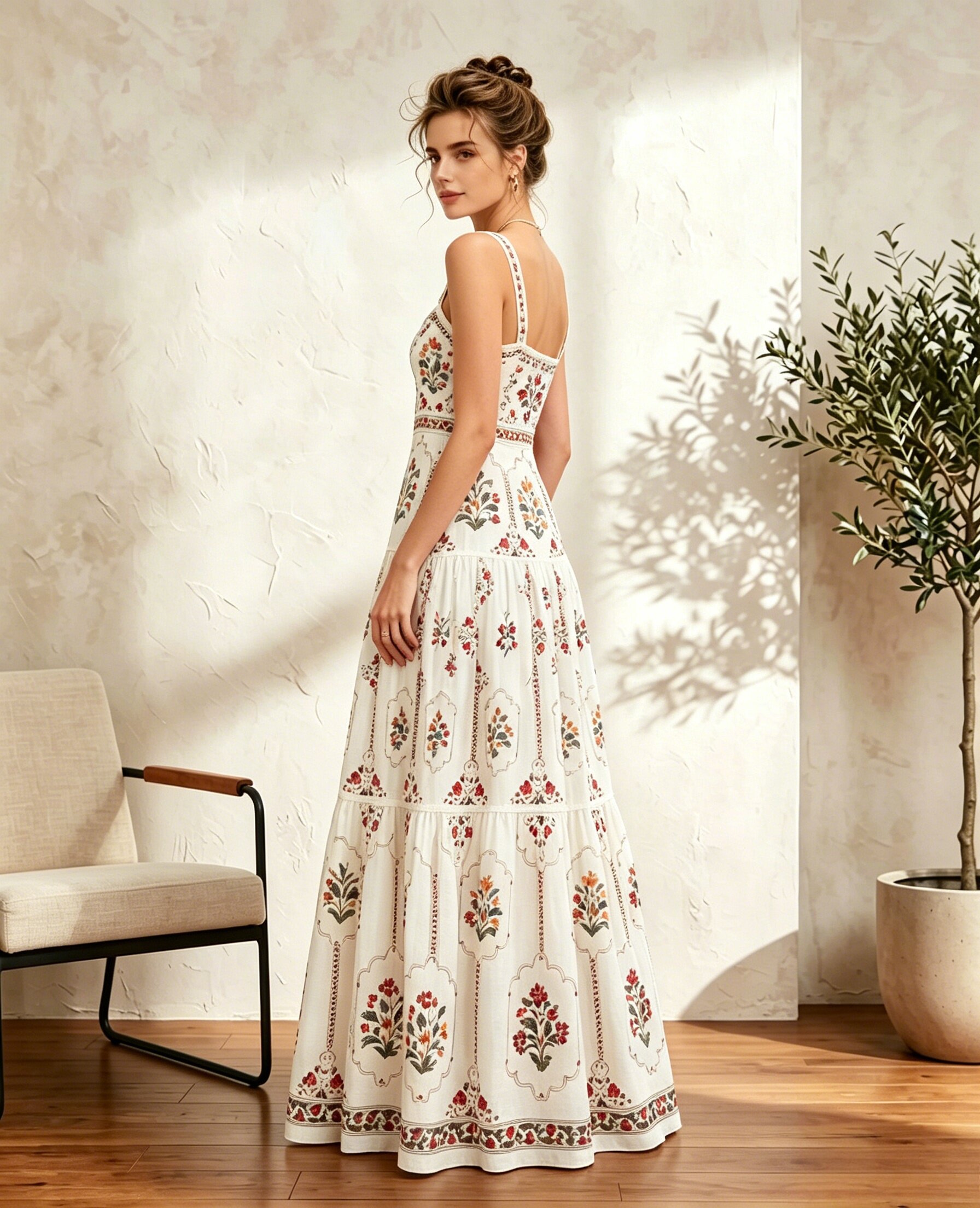 Robe longue maxi bohème pour femme, imprimé floral ethnique vintage, col carré, à volants, élégante pour l'été, les vacances et les fêtes