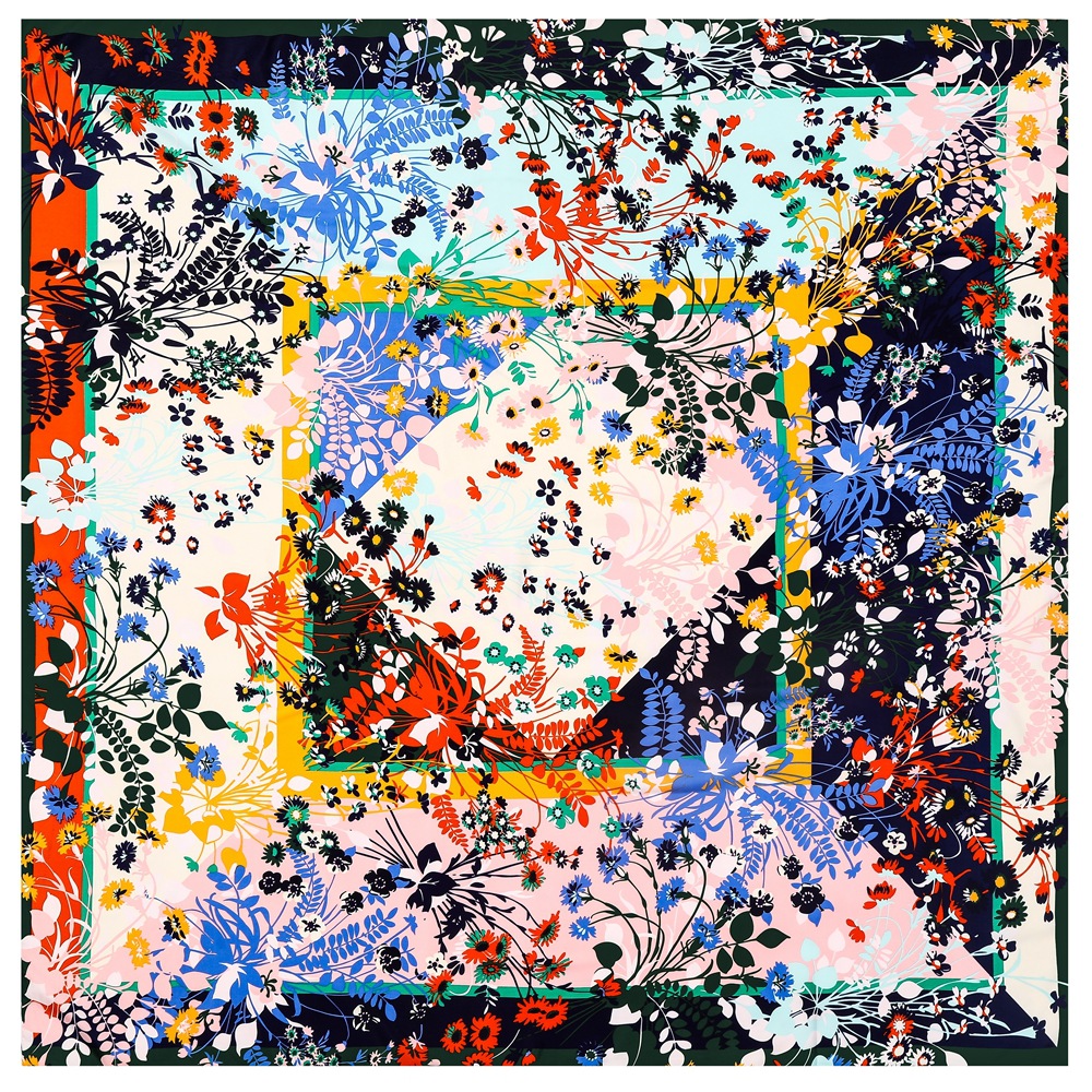 Foulard en soie pour femme, grand châle français, nouveau motif floral et végétal, bandana carré de luxe, hijab, foulard féminin 130CM