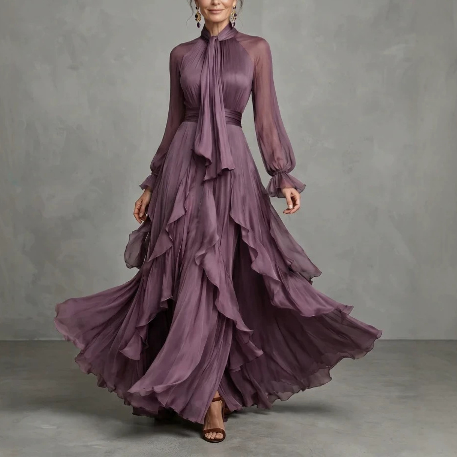 Robe longue chic 2026 violette à volants, manches longues, coupe ajustée, robe de soirée tendance Y2K, grande jupe évasée, robe de fête maxi, Vestidos