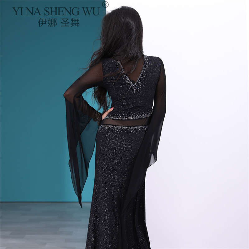 Robe de danse du ventre à col rond pour femmes, jupe longue mince, manches évasées, vêtements de compétition féminins, vêtements de pratique de performance élégants, nouveau