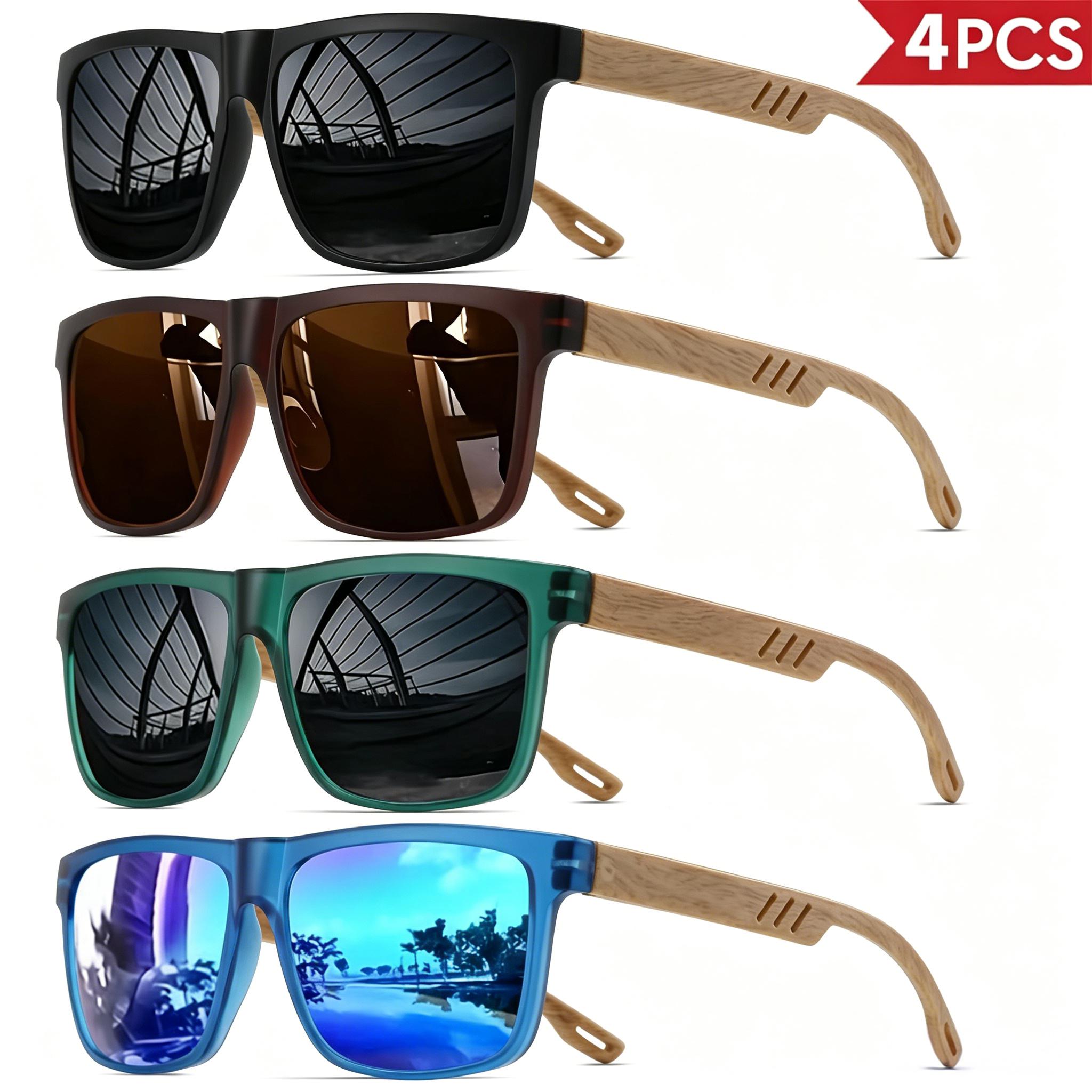 Ensemble de 4 lunettes de soleil style grain de bois – Montures carrées classiques rétro, design confortable unisexe, adaptées à la vie quotidienne et aux activités, style décontracté, lunettes décoratives ordinaires