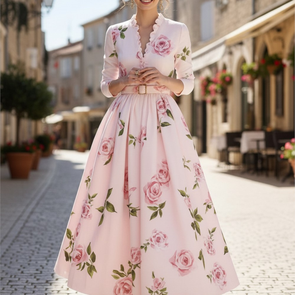 Robe longue élégante et romantique, décontractée, imprimée, taille haute, à la mode, à manches longues, plissée, col en V, coupe trapèze