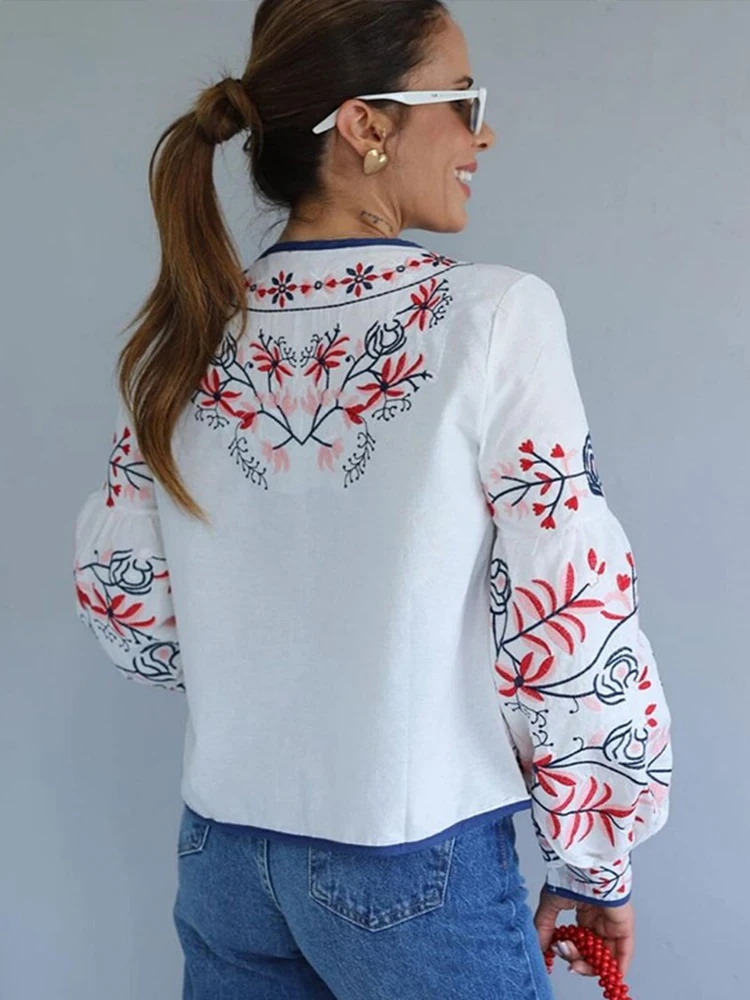 Manteau à col rond à imprimé floral pour femmes, cardigan à manches longues bouffantes, veste de rue chic pour dames, vêtements de vacances, début de l'automne, mode, 2024