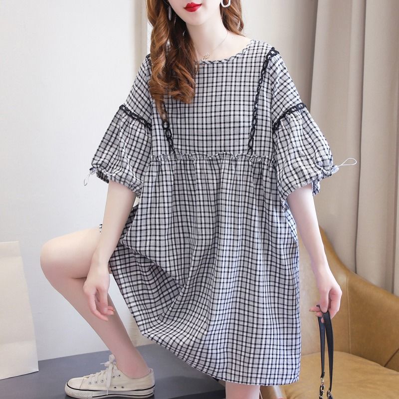 Robe mi-longue à carreaux pour femmes, vêtements décontractés, ligne A, nœud, plis, épissé, mince, col rond, basique, manches courtes, été