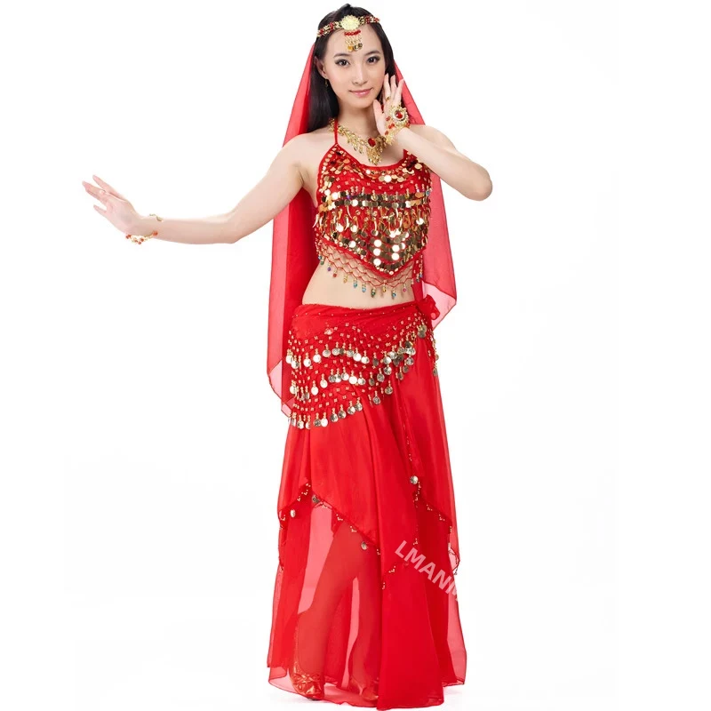 Ensemble de costumes indiens 4 pièces voile de danse du ventre pièces supérieures écharpe de hanche jupe Costume de danse du ventre femmes