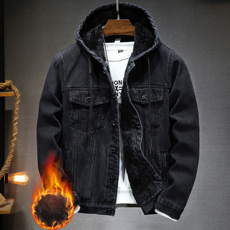 Veste en jean à capuche pour homme, manteau rétro, coupe-vent épais et chaud en velours, automne et hiver