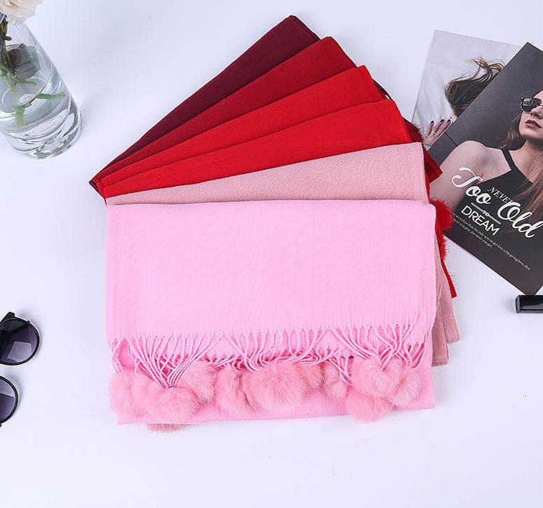 Écharpe châle en cachemire de haute qualité pour femme avec pompon en fourrure de lapin, pashmina surdimensionnée, poncho, hijab, couverture, cachecol pour l'hiver