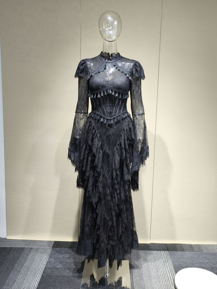 Robe de soirée DEAT 2026, nouvelle collection automne, en dentelle haut de gamme, à manches cloche, coupe ajustée pour femme, robes brodées ajourées
