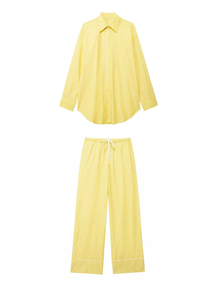 Ensemble 2 pièces chic pour femme : chemise rayée jaune à manches longues et pantalon large à cordon de serrage – Style streetwear