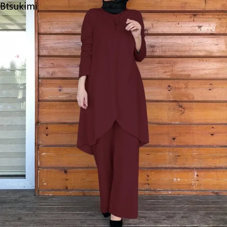 Ensembles musulmans pour femmes, chemisier asymétrique à la mode avec pantalon à jambes larges, costumes décontractés, dubaï, turquie, ensembles assortis, tenues pour dames, 2026