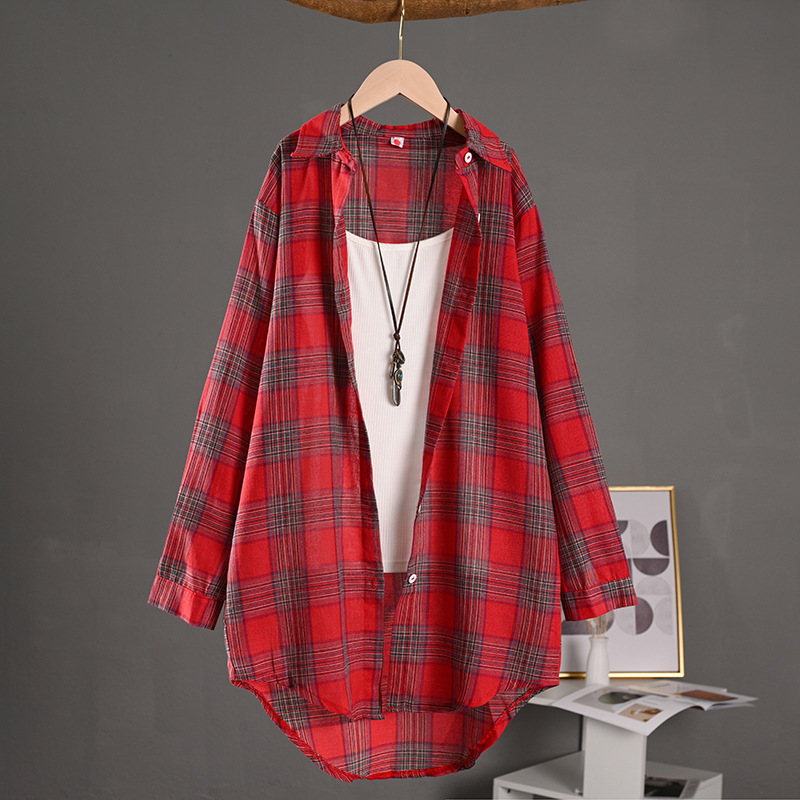 Chemise boutonnée à manches longues pour femmes, chemisiers en lin, style chinois, haut vintage, vêtements à carreaux
