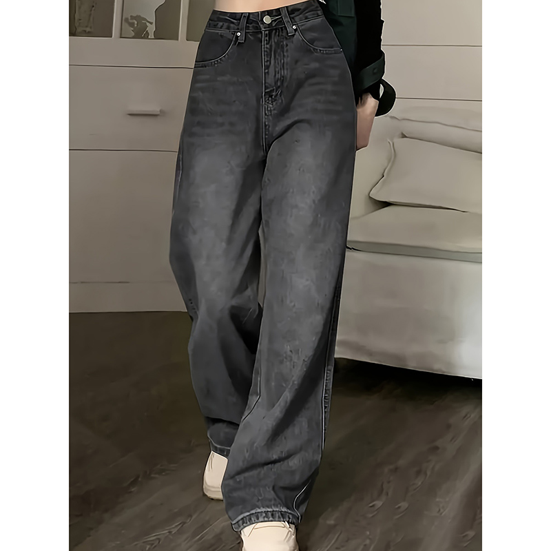 Jean taille haute pour femme, streetwear, designer, jambe large, gris classique, gothique, pantalon droit, mode