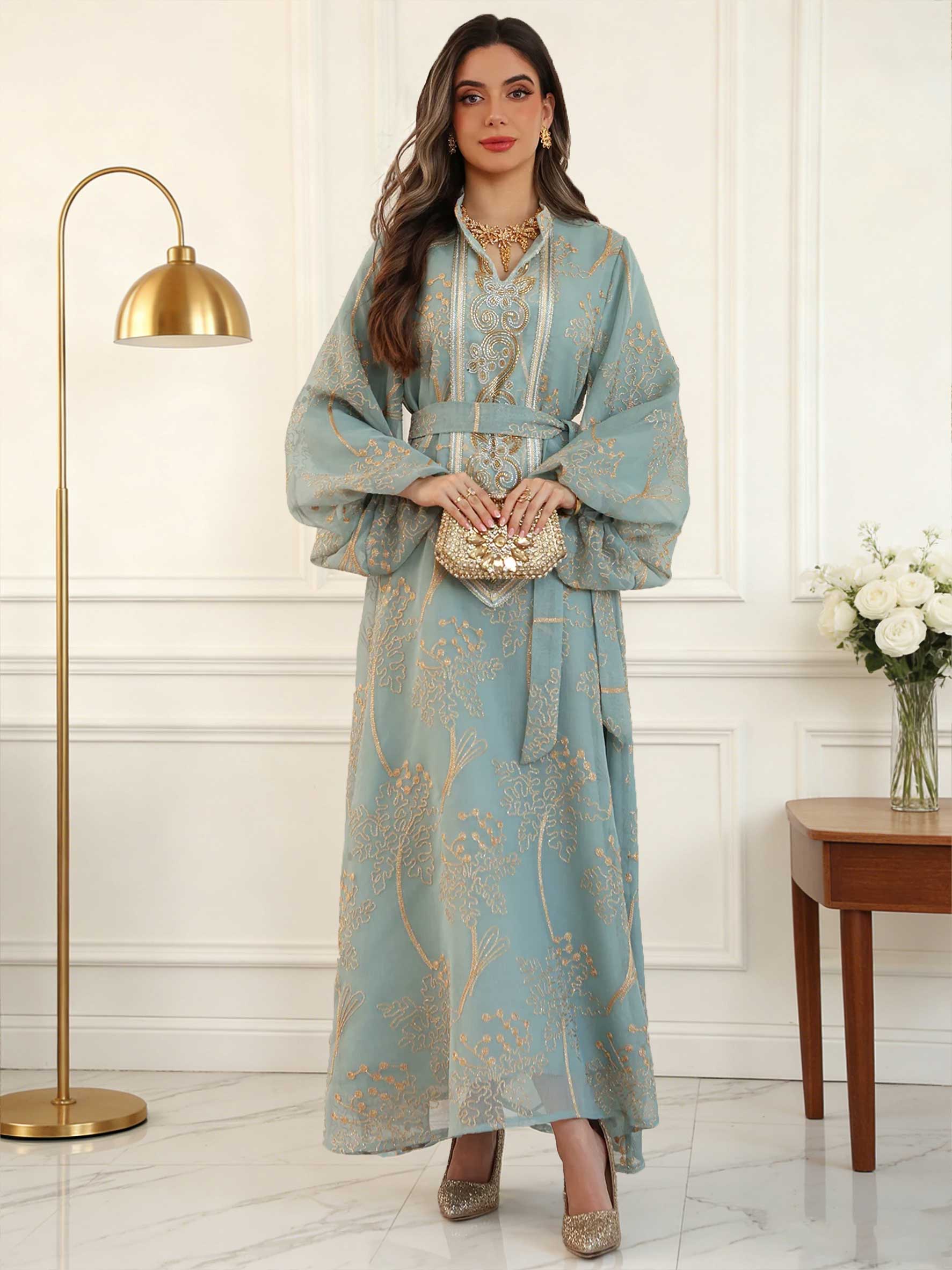 Robe Abaya Islamique Modeste pour Femme, Broderie Florale Dorée, Style Marocain, Ceinture Décontractée, Manches Ballon, Longue et Élégante