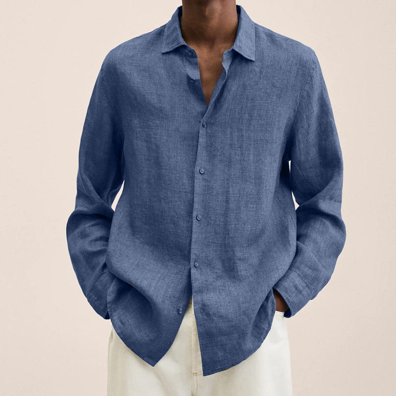 Chemise à manches longues en lin et coton pour hommes, coupe décontractée, col boutonné, respirante, couleur unie, hauts d'été pour hommes