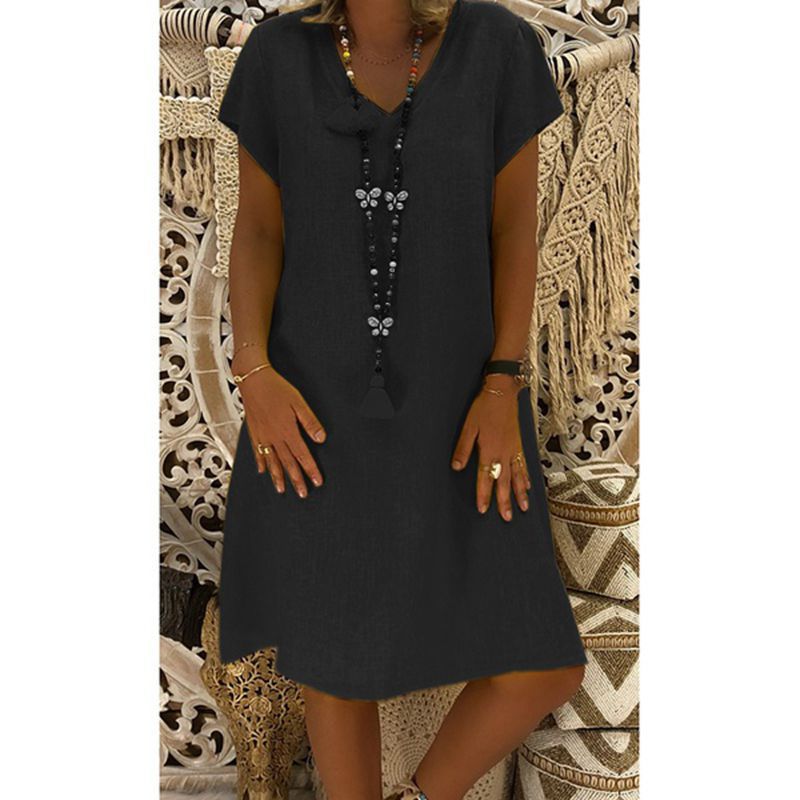 Robe décontractée polyvalente à manches courtes et col en V, disponible en huit tailles et onze couleurs, couleur unie, très populaire