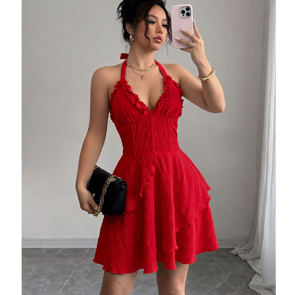 Robes d'été sans manches pour femmes, robe licou dos nu à lacets, mini-robe pour femmes, Vestidos De Verano Mujer