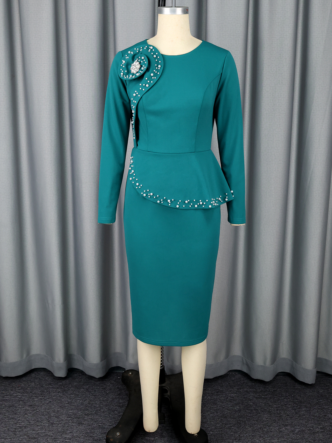 Robes d'église élégantes, manches longues, fleurs 3D, perles, col rond, manches longues, mi-longues, soirée, mariage, invité, automne