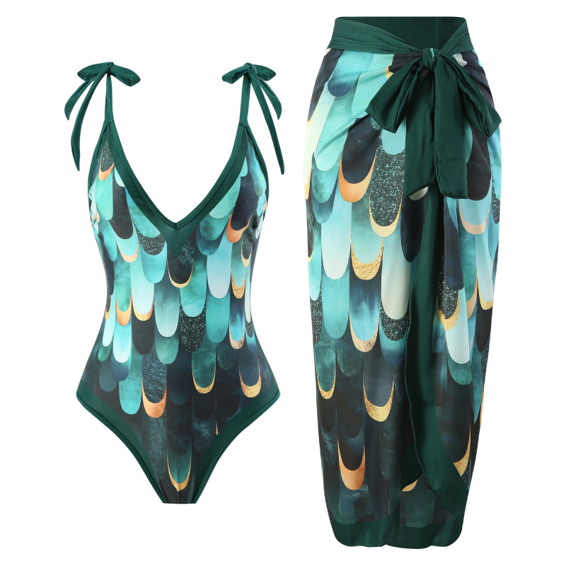 Nouveau Bikini D'été Plage Cover Up Femmes Dames Maillot de bain Impression Deux Pièces Robe Maillots De Bain Maillot de Bain Beachwear Ceinture Longue Jupe