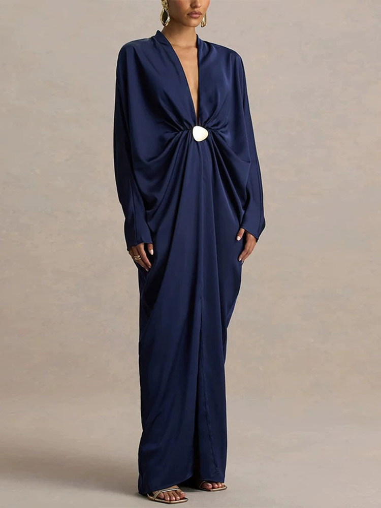 Robe longue chic en satin pour femme, col en V, manches chauve-souris longues, boucle dorée, collection été 2026, robes de soirée pour femme
