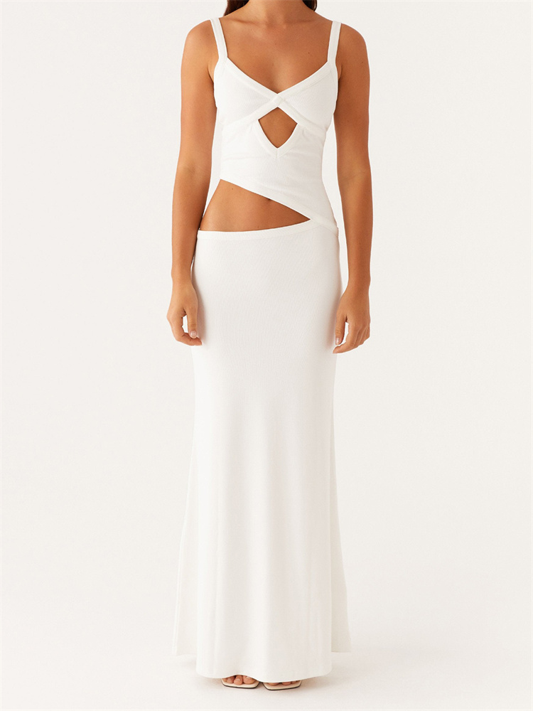 Robe longue d'été pour femmes, sans manches, col en v, dos nu, ajourée, pour soirée Cocktail