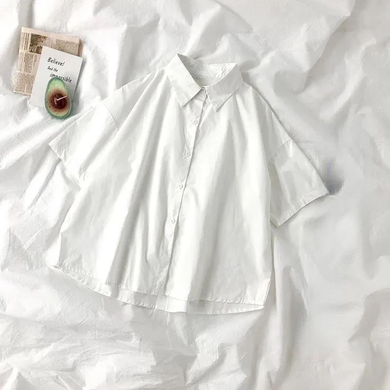 Chemisier blanc pour femme à manches courtes et col à revers avec nœud, style japonais, pour étudiante, été, quotidien, style universitaire