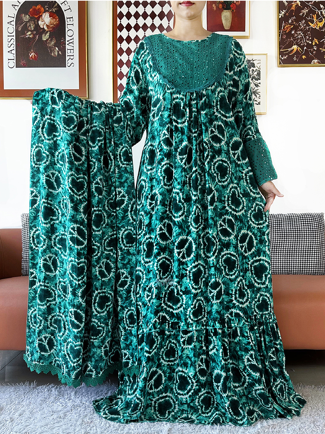 Robe ample musulmane Ramadan 2026 style africain Boubou KASHKHA en dentelle et coton brodé avec grand foulard brodé – Robe longue