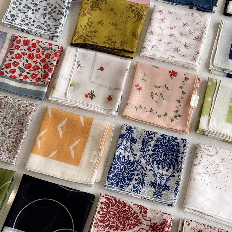 Foulard carré en coton et lin à pois floraux, style Mori littéraire, bandeau, sangle de sac, pour femme, populaire au Japon et en Corée