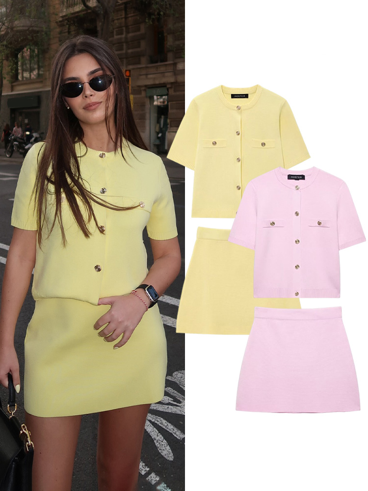 HH – costume tricoté à la mode pour femmes, col rond, simple boutonnage avec poche, haut à manches courtes + taille élastique, ensemble Mini jupe solide