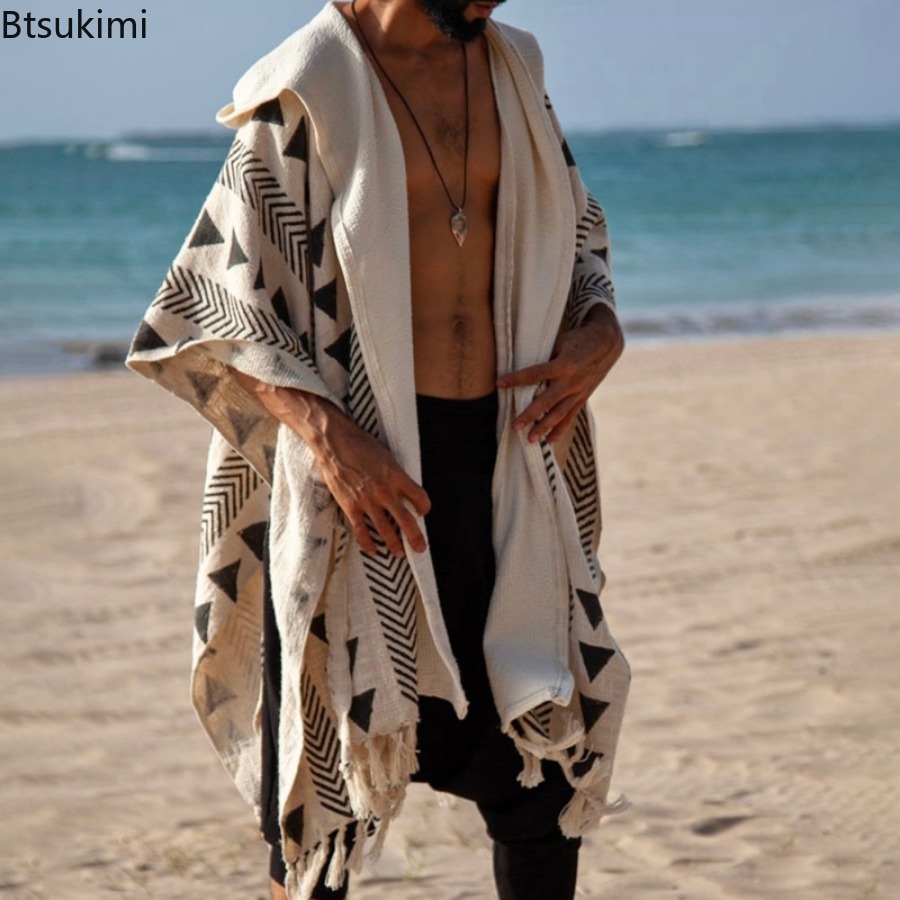 Vêtements de plage à capuche pour hommes, protection solaire, mode décontractée, cape à franges imprimée, Style de vacances, haut polyvalent, vêtements de Style ethnique, nouvelle collection