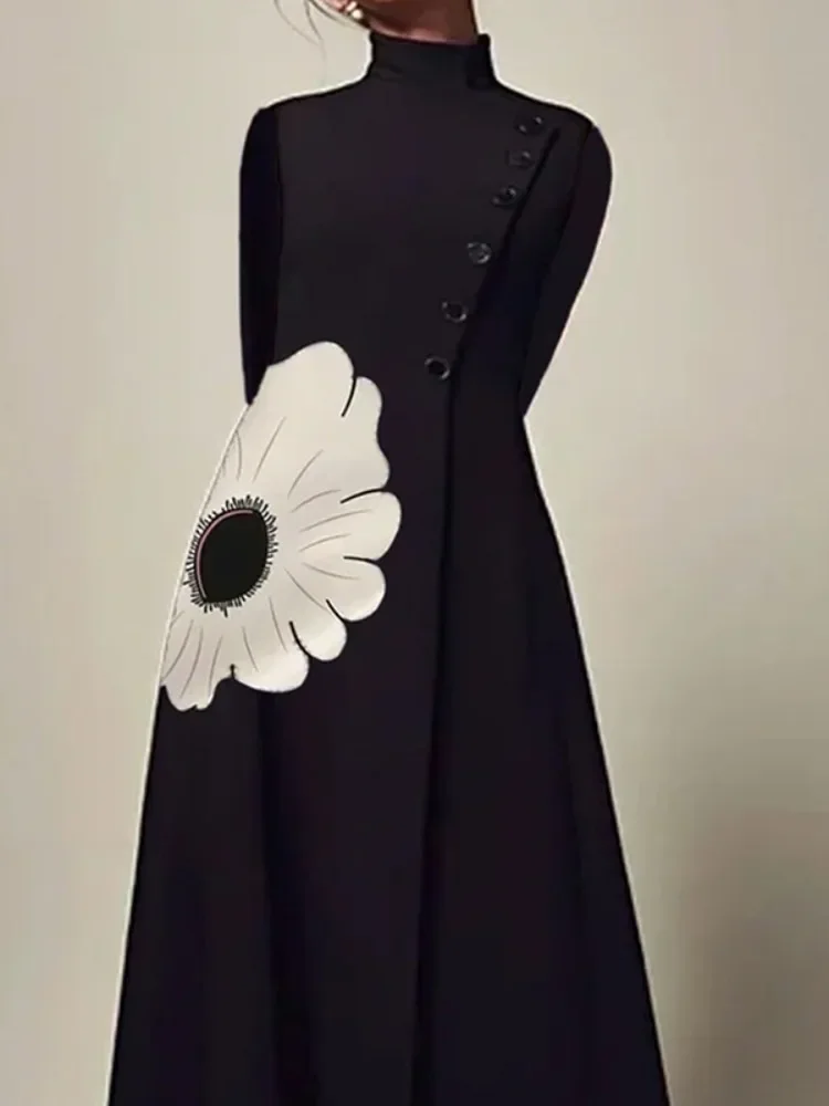 Bonboho-Robe de soirée plissée à manches longues pour femme, imprimé floral, col montant, taille haute, ligne A, automne