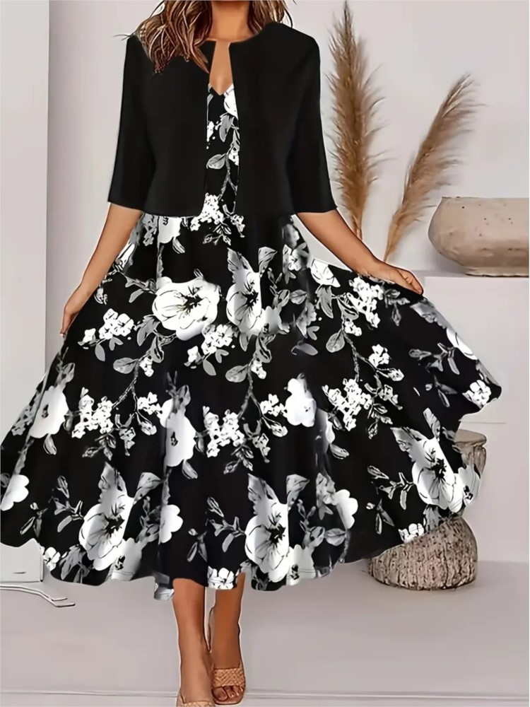 Robe longue décontractée à imprimé floral pour femmes, cardigan court à col en V, manches mi-longues, robes mi-longues trempées, ensembles élégants