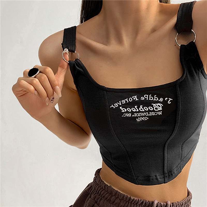 Débardeur avec lettres brodées pour femmes, avec coussinet de soutien-gorge, Camis décontracté Y2K, haut court pour femmes, ceinture d'épaule, anneau en fer