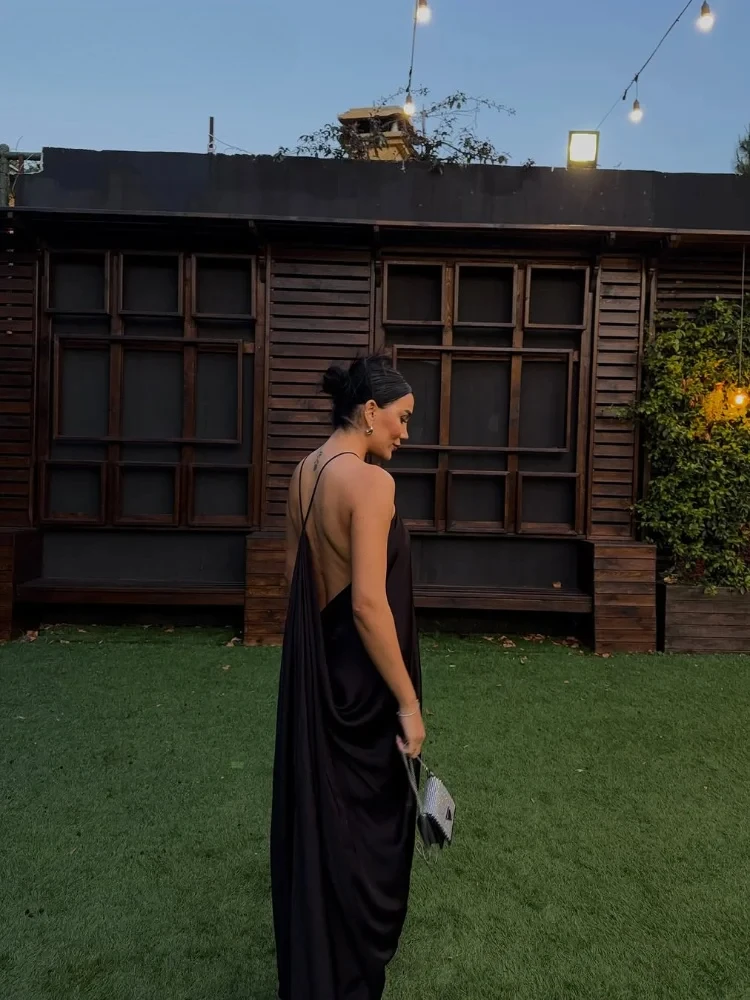 Robe décontractée en Satin pour femmes, col licou, ample, élégante, sans manches, dos nu, épaules dénudées, Robes de plage chics, nouvelle collection été