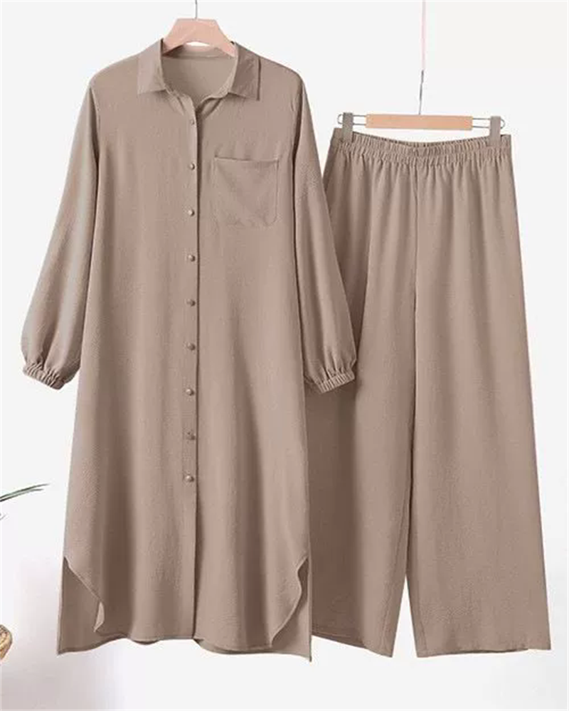 Ensemble de vêtements de sport deux pièces pour femmes, chemise à manches longues, pantalon à jambes larges, monochromatique élégant, vêtements de luxe islamiques, arabe