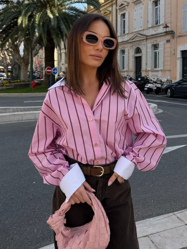 Chemisier décontracté rose rayé à revers et manches longues pour femme, élégant et polyvalent, style printemps